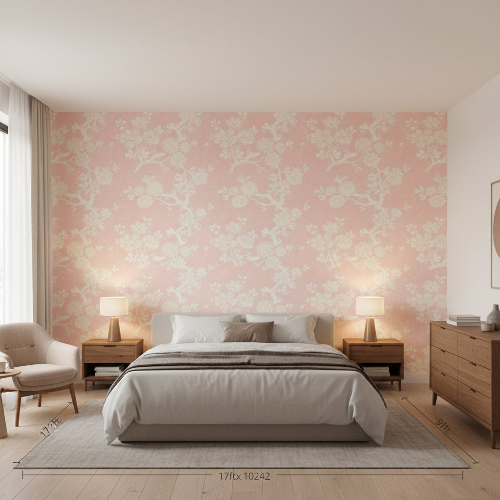 Claudette Blush | Thibaut Wallcoverings - Bedroom Visualization (AI-generated, may not be to scale. Verify pattern scale with product specifications.)