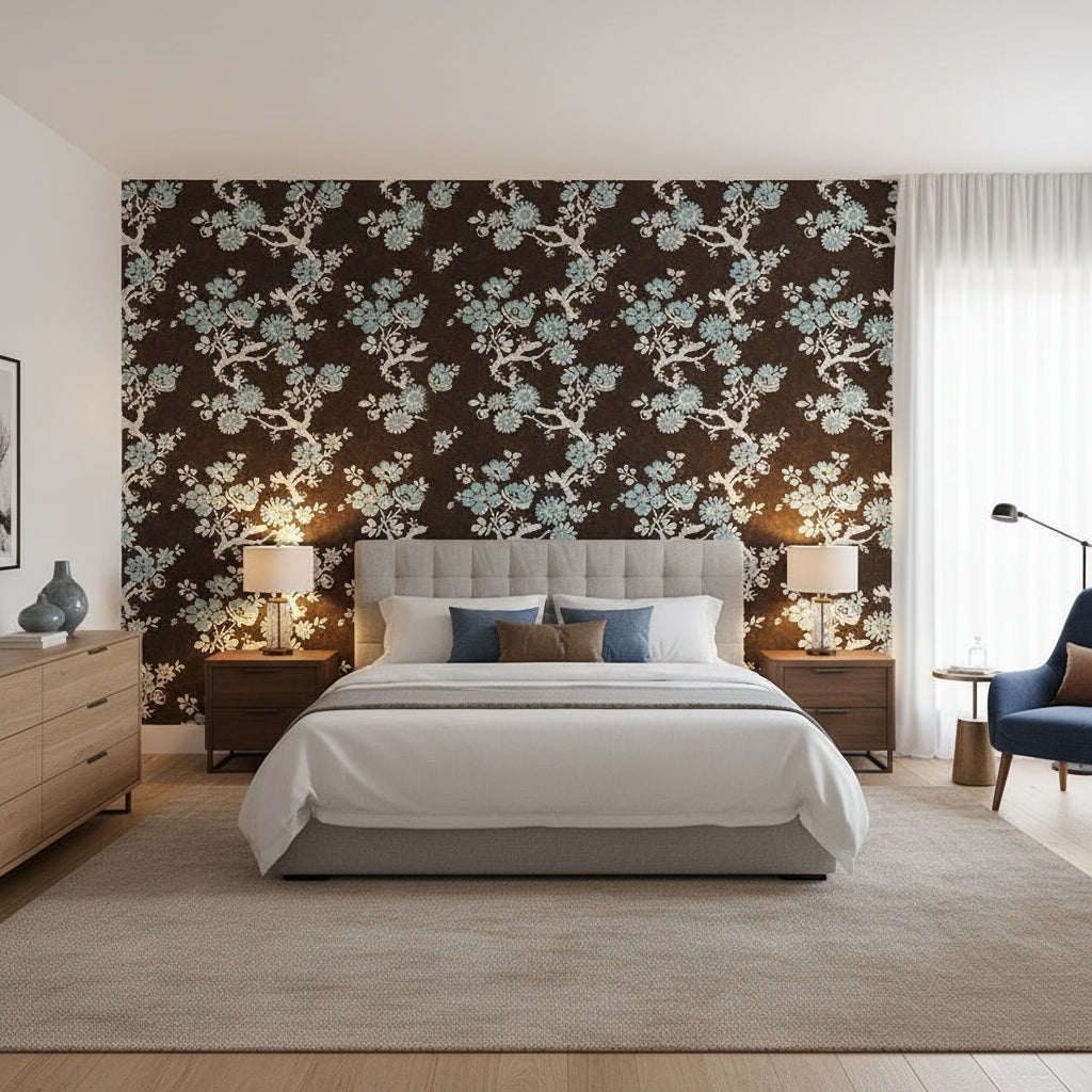 Claudette Brown | Thibaut Wallcoverings - Bedroom Visualization (AI-generated, may not be to scale. Verify pattern scale with product specifications.)