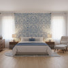 Earl Damask Blue | Thibaut Wallcoverings - Bedroom Visualization (AI-generated, may not be to scale. Verify pattern scale with product specifications.)