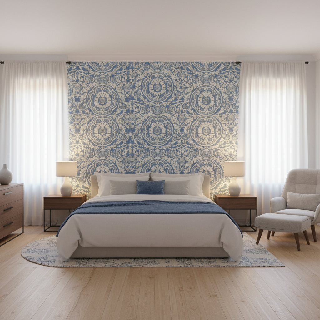 Earl Damask Blue | Thibaut Wallcoverings - Bedroom Visualization (AI-generated, may not be to scale. Verify pattern scale with product specifications.)
