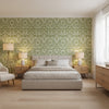 Earl Damask Green | Thibaut Wallcoverings - Bedroom Visualization (AI-generated, may not be to scale. Verify pattern scale with product specifications.)