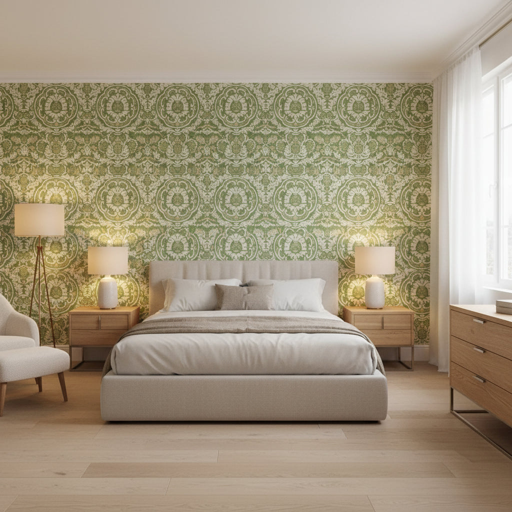Earl Damask Green | Thibaut Wallcoverings - Bedroom Visualization (AI-generated, may not be to scale. Verify pattern scale with product specifications.)