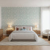 Earl Damask Robin's Egg | Thibaut Wallcoverings - Bedroom Visualization (AI-generated, may not be to scale. Verify pattern scale with product specifications.)