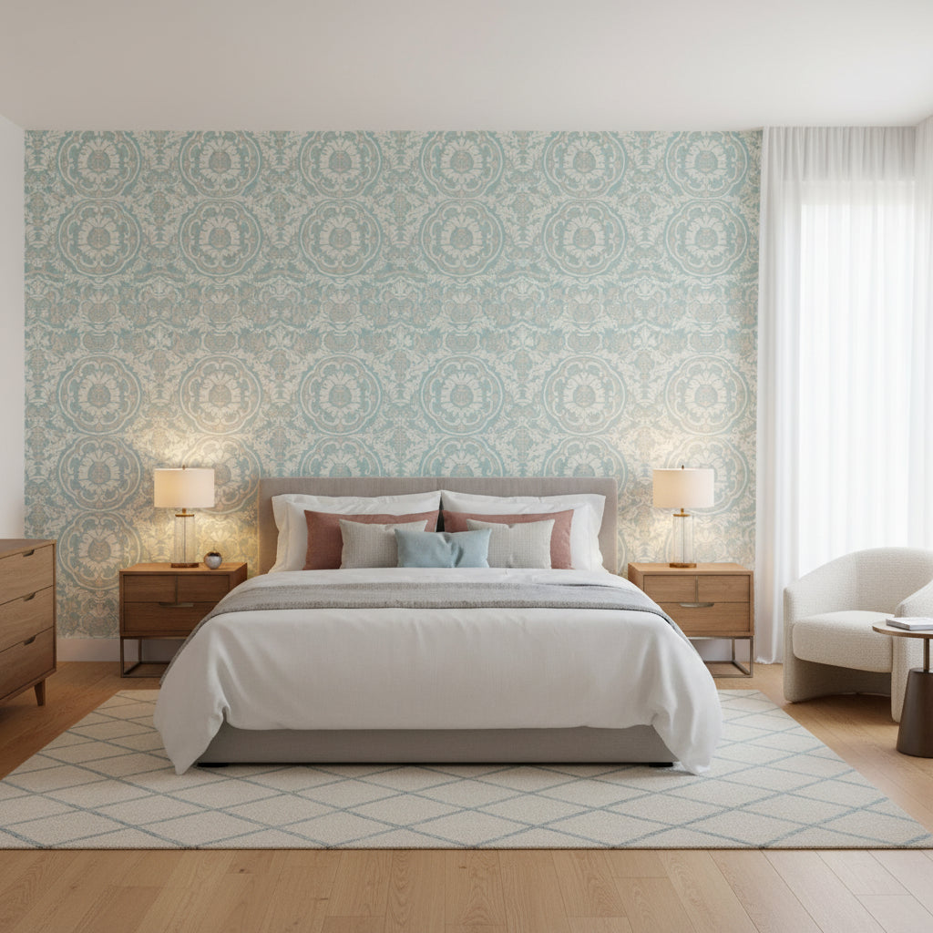 Earl Damask Robin's Egg | Thibaut Wallcoverings - Bedroom Visualization (AI-generated, may not be to scale. Verify pattern scale with product specifications.)