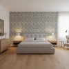 Earl Damask Charcoal | Thibaut Wallcoverings - Bedroom Visualization (AI-generated, may not be to scale. Verify pattern scale with product specifications.)