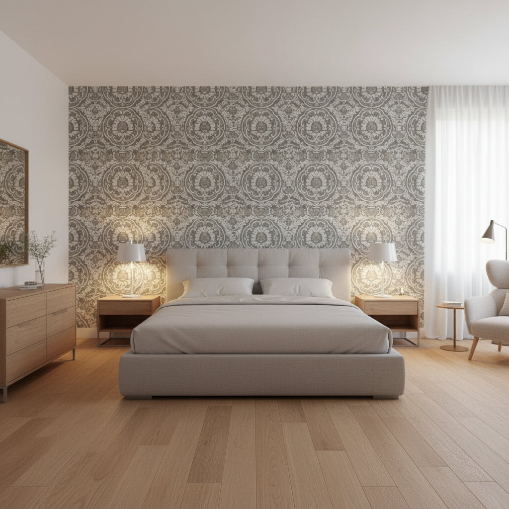 Earl Damask Charcoal | Thibaut Wallcoverings - Bedroom Visualization (AI-generated, may not be to scale. Verify pattern scale with product specifications.)