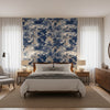Lincoln Toile Blue and Flax | Thibaut Wallcoverings - Bedroom Visualization (AI-generated, may not be to scale. Verify pattern scale with product specifications.)