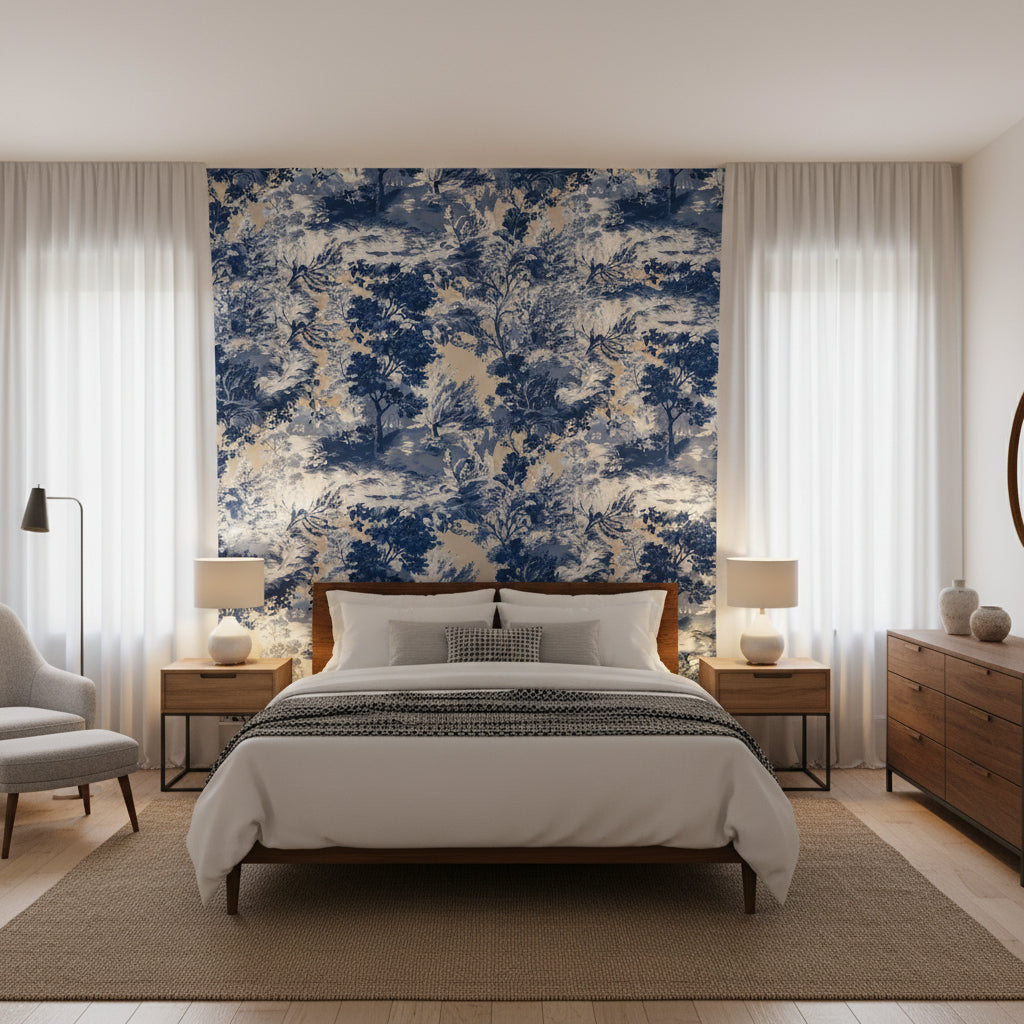 Lincoln Toile Blue and Flax | Thibaut Wallcoverings - Bedroom Visualization (AI-generated, may not be to scale. Verify pattern scale with product specifications.)