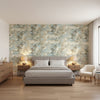Lincoln Toile Beige and Spa Blue | Thibaut Wallcoverings - Bedroom Visualization (AI-generated, may not be to scale. Verify pattern scale with product specifications.)