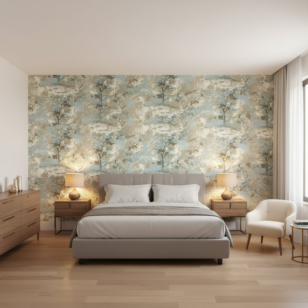 Lincoln Toile Beige and Spa Blue | Thibaut Wallcoverings - Bedroom Visualization (AI-generated, may not be to scale. Verify pattern scale with product specifications.)