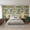 Lincoln Toile Green and Beige | Thibaut Wallcoverings - Bedroom Visualization (AI-generated, may not be to scale. Verify pattern scale with product specifications.)