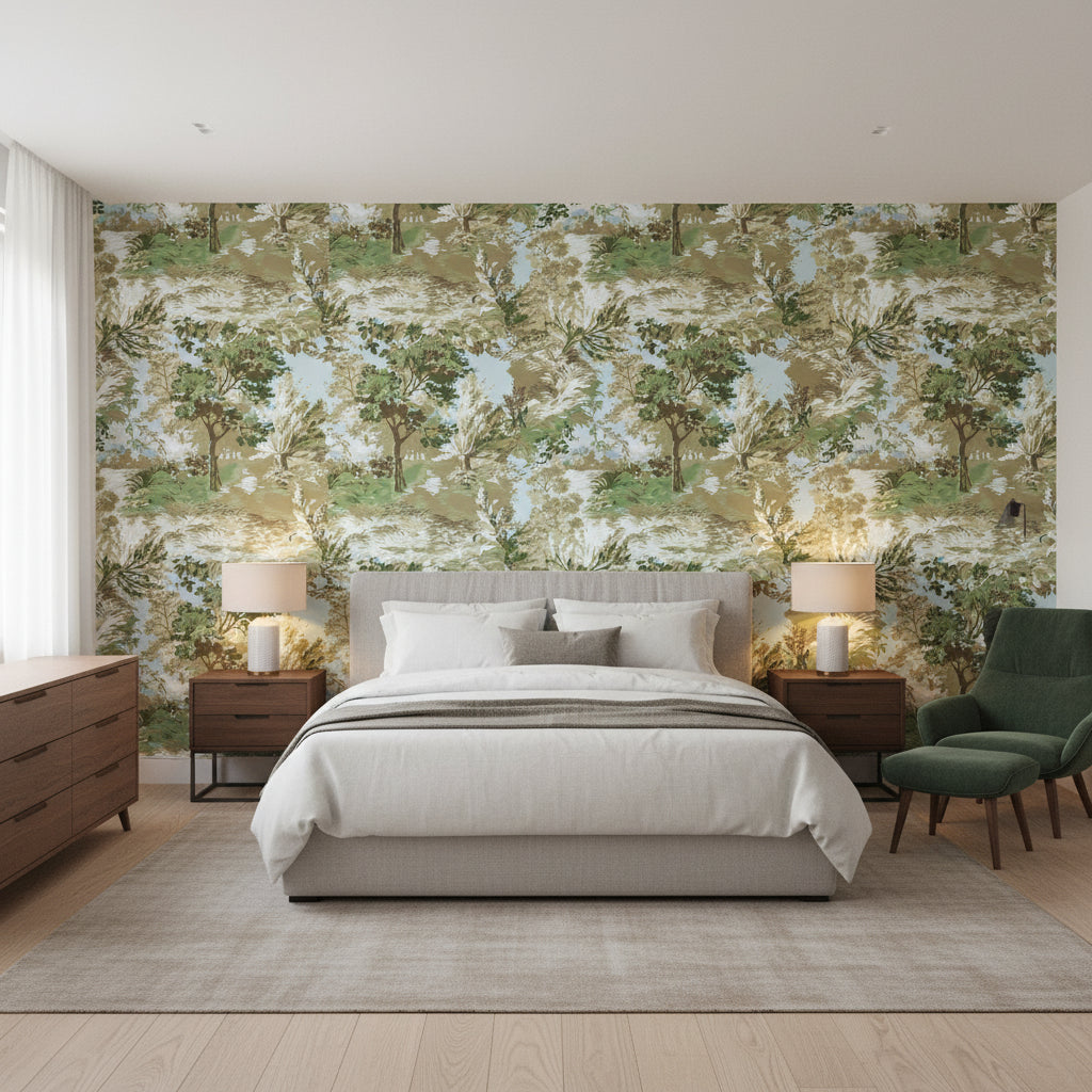 Lincoln Toile Green and Beige | Thibaut Wallcoverings - Bedroom Visualization (AI-generated, may not be to scale. Verify pattern scale with product specifications.)