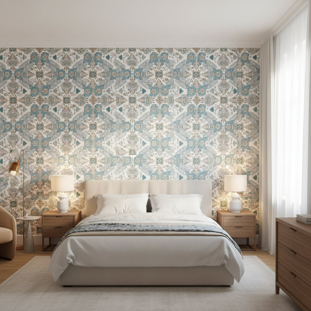 Persian Carpet Spa Blue | Thibaut Wallcoverings - Bedroom Visualization (AI-generated, may not be to scale. Verify pattern scale with product specifications.)