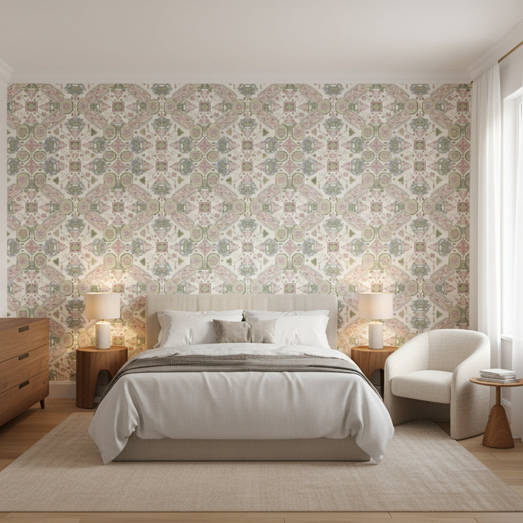 Persian Carpet Blush | Thibaut Wallcoverings - Bedroom Visualization (AI-generated, may not be to scale. Verify pattern scale with product specifications.)
