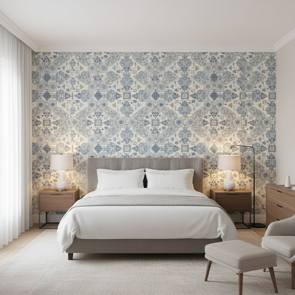 Persian Carpet Grey and Beige | Thibaut Wallcoverings - Bedroom Visualization (AI-generated, may not be to scale. Verify pattern scale with product specifications.)