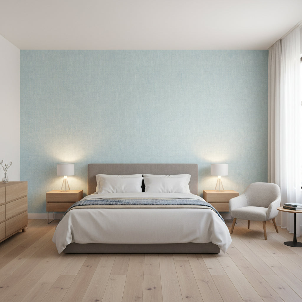 Arthur's Tweed Spa Blue | Thibaut Wallcoverings - Bedroom Visualization (AI-generated, may not be to scale. Verify pattern scale with product specifications.)