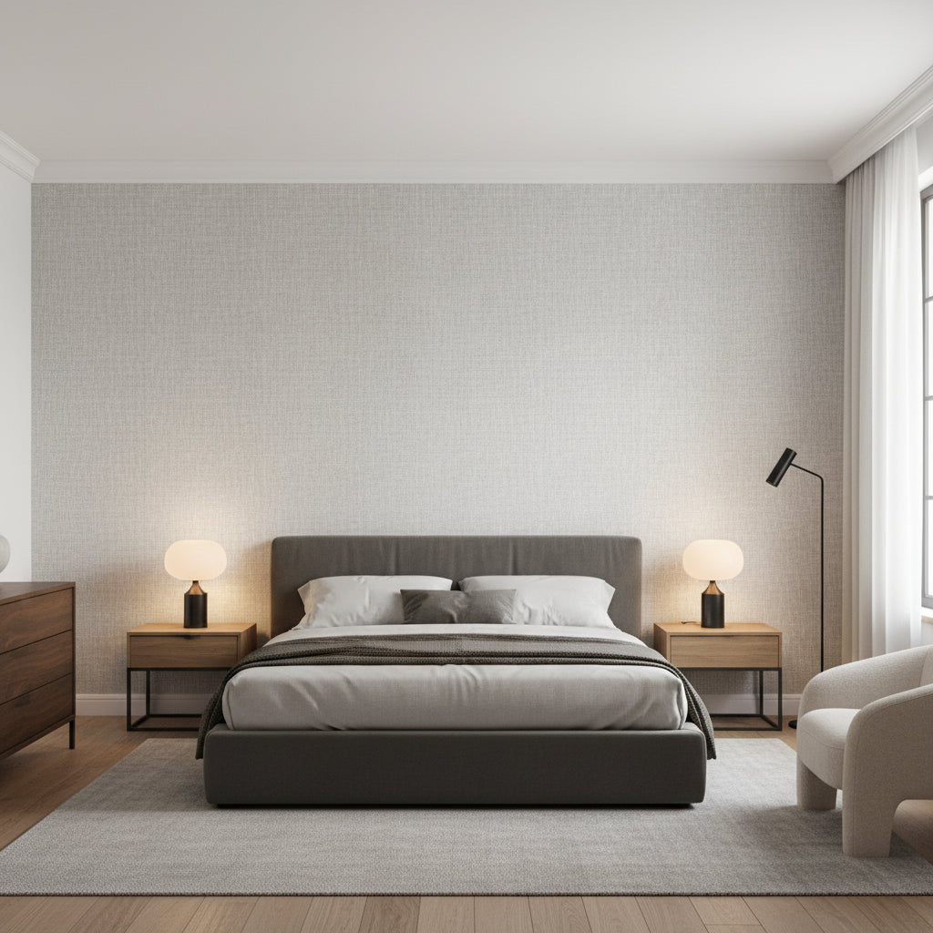 Arthur's Tweed Grey | Thibaut Wallcoverings - Bedroom Visualization (AI-generated, may not be to scale. Verify pattern scale with product specifications.)