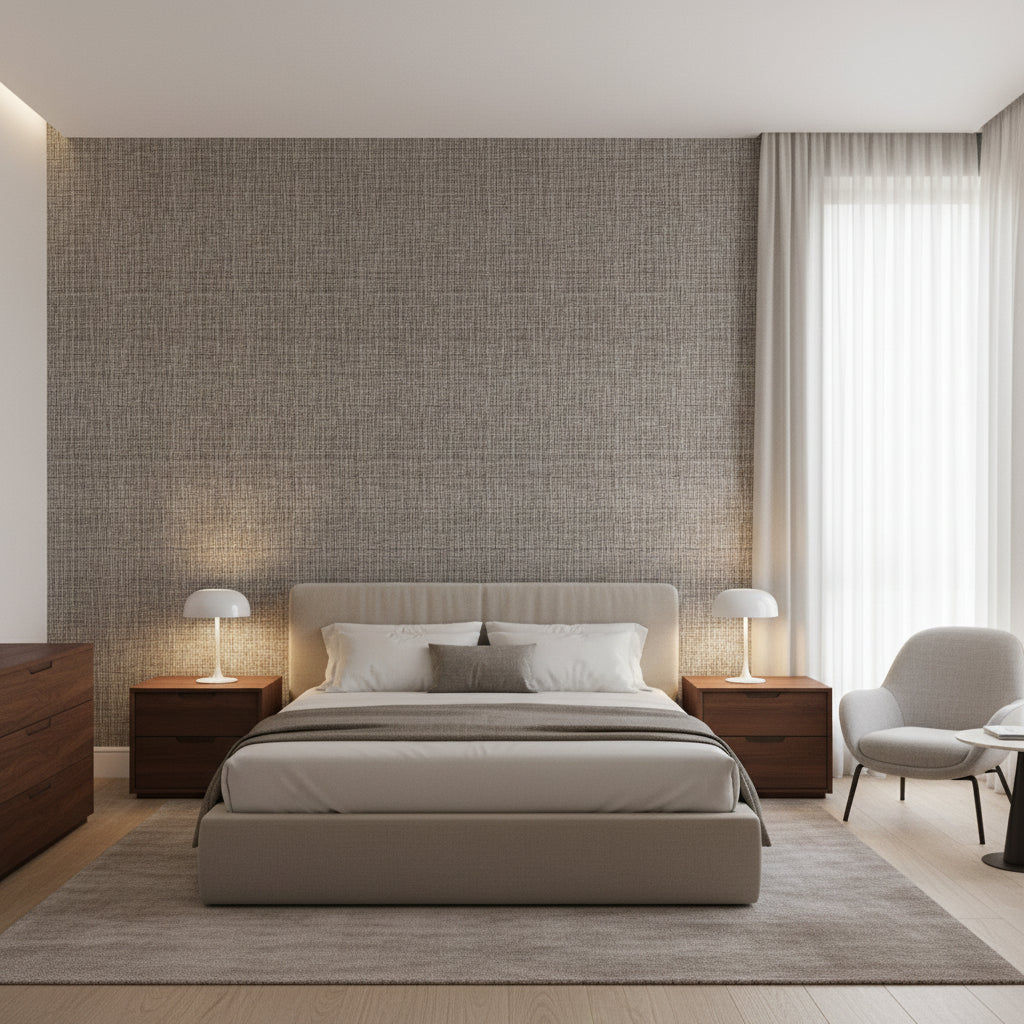 Arthur's Tweed Brown | Thibaut Wallcoverings - Bedroom Visualization (AI-generated, may not be to scale. Verify pattern scale with product specifications.)