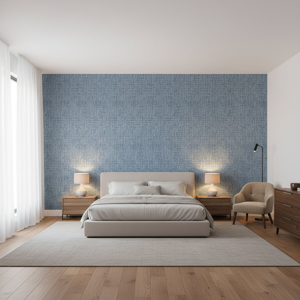 Arthur's Tweed Navy | Thibaut Wallcoverings - Bedroom Visualization (AI-generated, may not be to scale. Verify pattern scale with product specifications.)