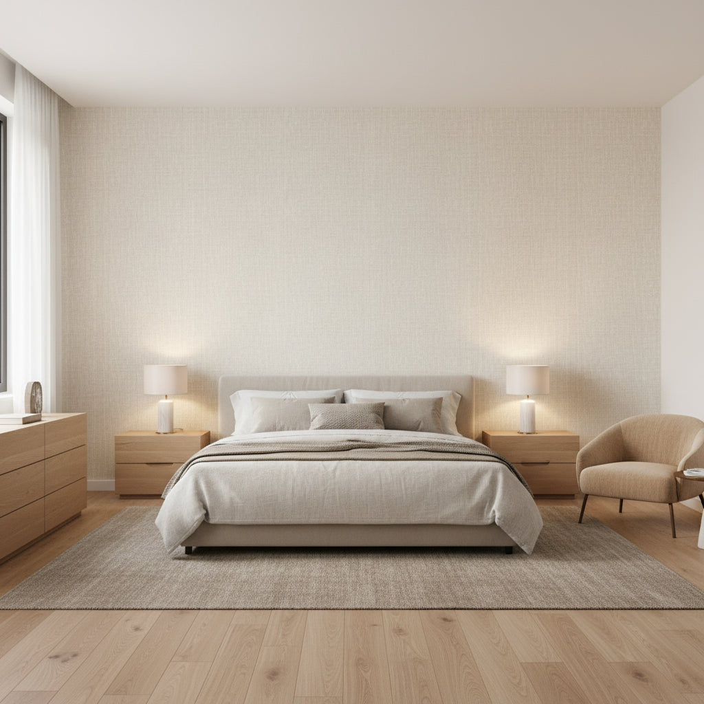 Arthur's Tweed Beige | Thibaut Wallcoverings - Bedroom Visualization (AI-generated, may not be to scale. Verify pattern scale with product specifications.)