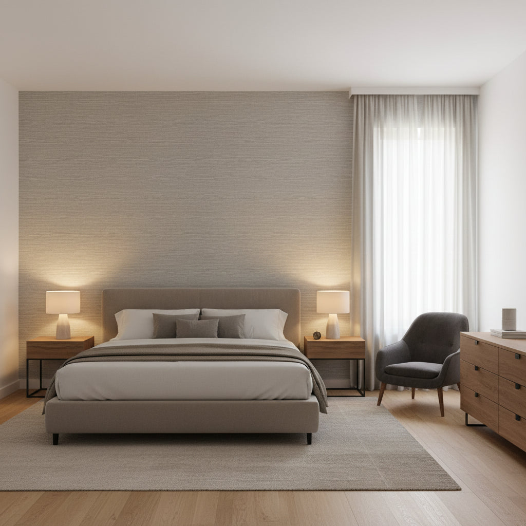 Cape May Weave Light Grey | Thibaut Wallcoverings - Bedroom Visualization (AI-generated, may not be to scale. Verify pattern scale with product specifications.)