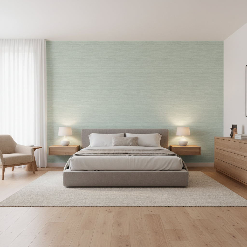 Cape May Weave Sage | Thibaut Wallcoverings - Bedroom Visualization (AI-generated, may not be to scale. Verify pattern scale with product specifications.)