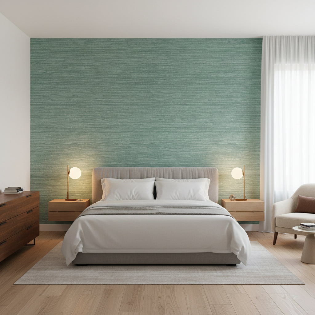 Cape May Weave Teal | Thibaut Wallcoverings - Bedroom Visualization (AI-generated, may not be to scale. Verify pattern scale with product specifications.)