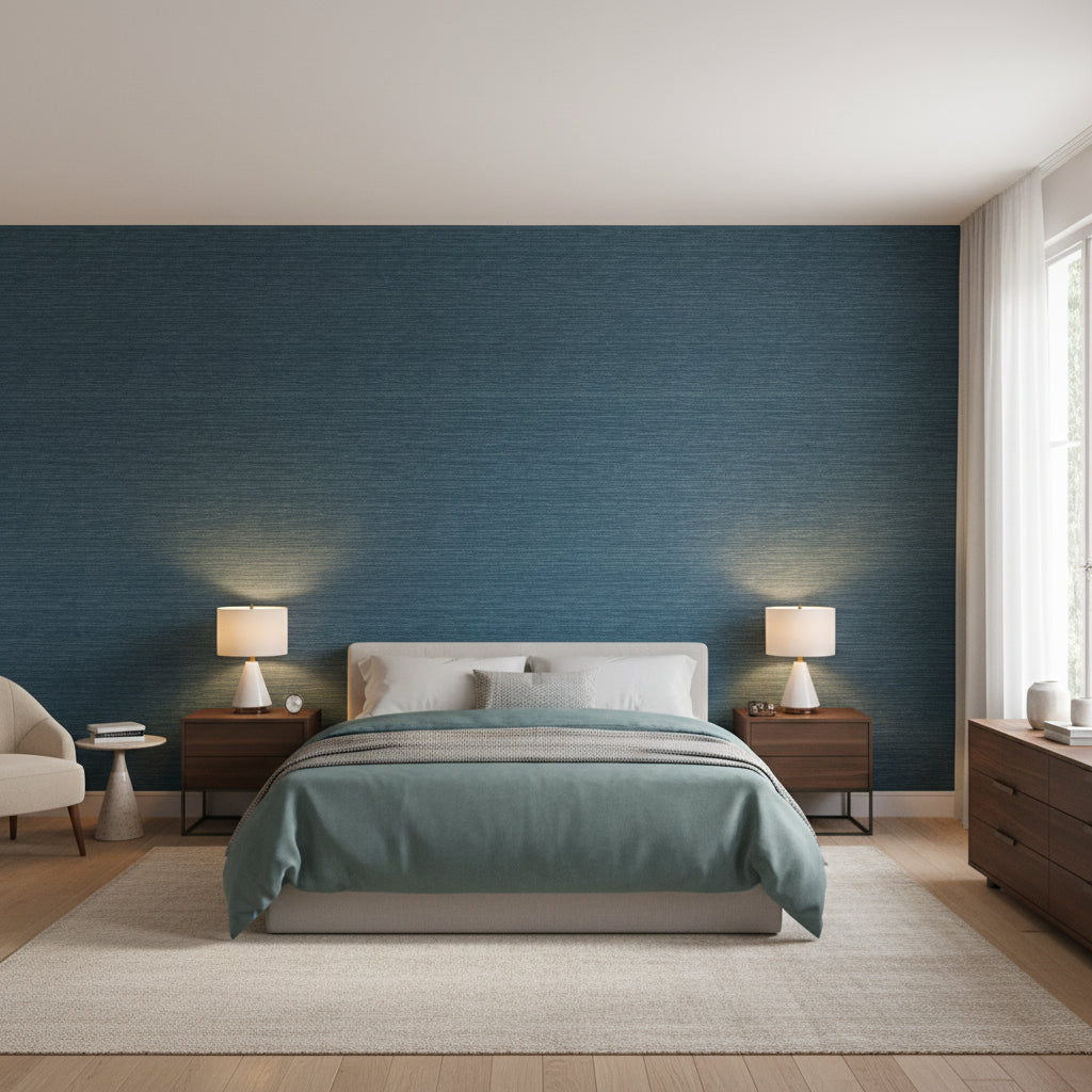 Cape May Weave Navy | Thibaut Wallcoverings - Bedroom Visualization (AI-generated, may not be to scale. Verify pattern scale with product specifications.)