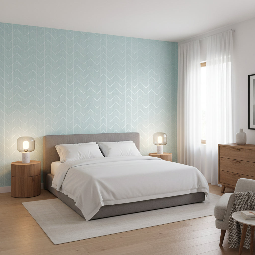 Cordoza Weave Spa Blue and Silver | Thibaut Wallcoverings - Bedroom Visualization (AI-generated, may not be to scale. Verify pattern scale with product specifications.)