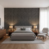 Cordoza Weave Charcoal | Thibaut Wallcoverings - Bedroom Visualization (AI-generated, may not be to scale. Verify pattern scale with product specifications.)
