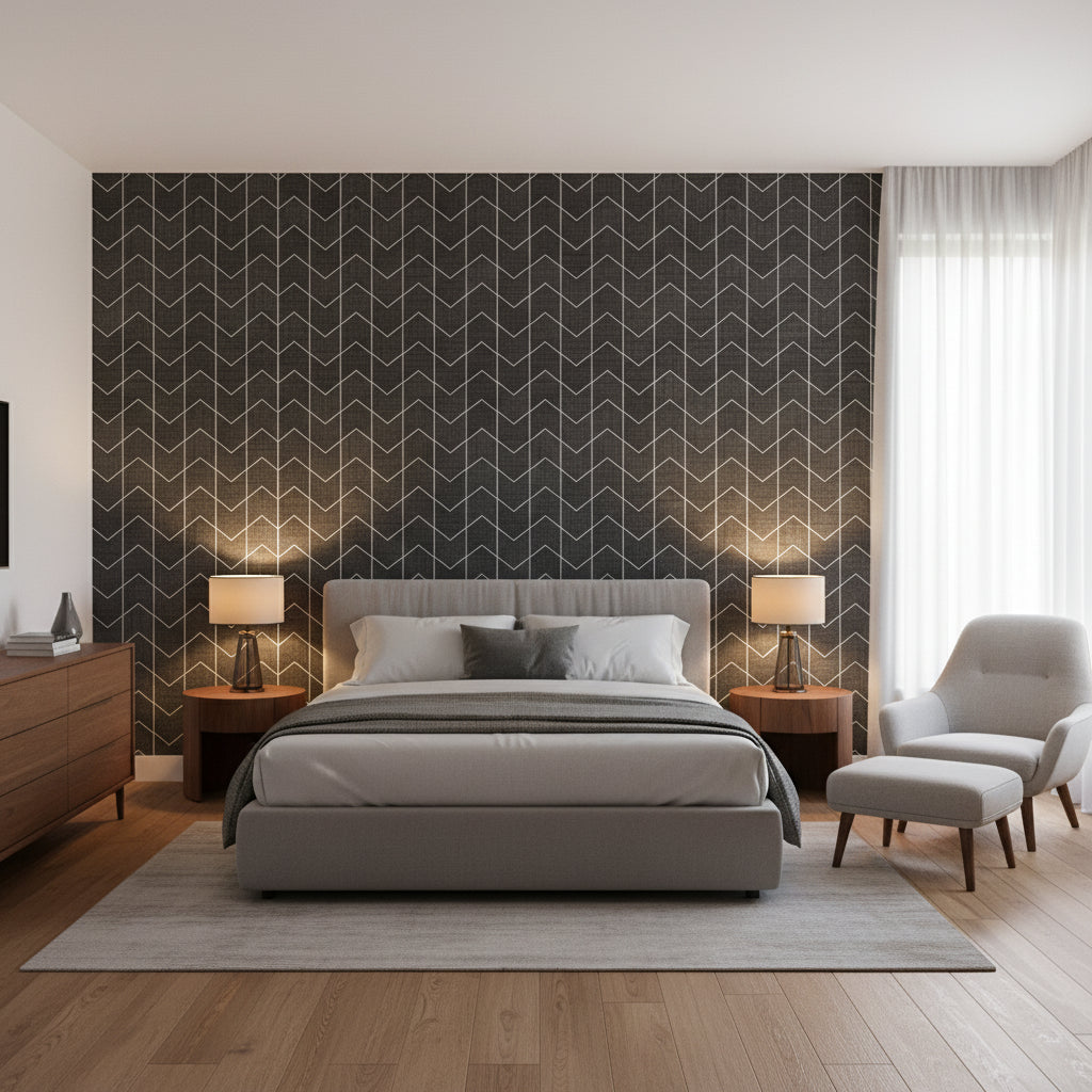 Cordoza Weave Charcoal | Thibaut Wallcoverings - Bedroom Visualization (AI-generated, may not be to scale. Verify pattern scale with product specifications.)