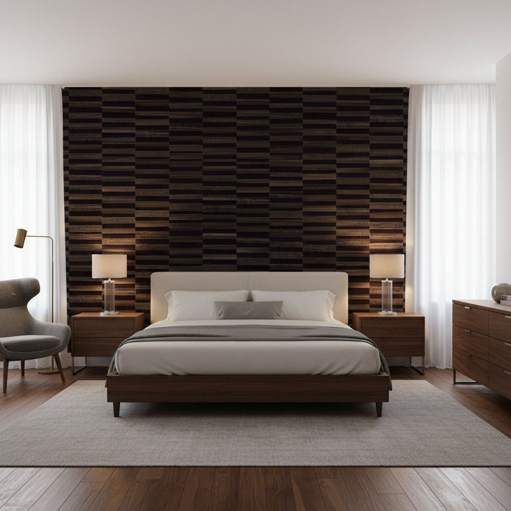 Encinitas Black | Thibaut Wallcoverings - Bedroom Visualization (AI-generated, may not be to scale. Verify pattern scale with product specifications.)