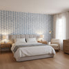 Hidden Hills Navy and White | Thibaut Wallcoverings - Bedroom Visualization (AI-generated, may not be to scale. Verify pattern scale with product specifications.)