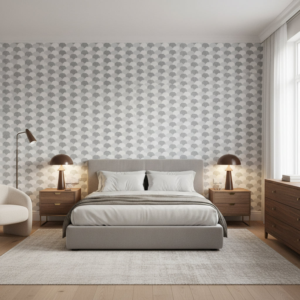 Hidden Hills Black and White | Thibaut Wallcoverings - Bedroom Visualization (AI-generated, may not be to scale. Verify pattern scale with product specifications.)