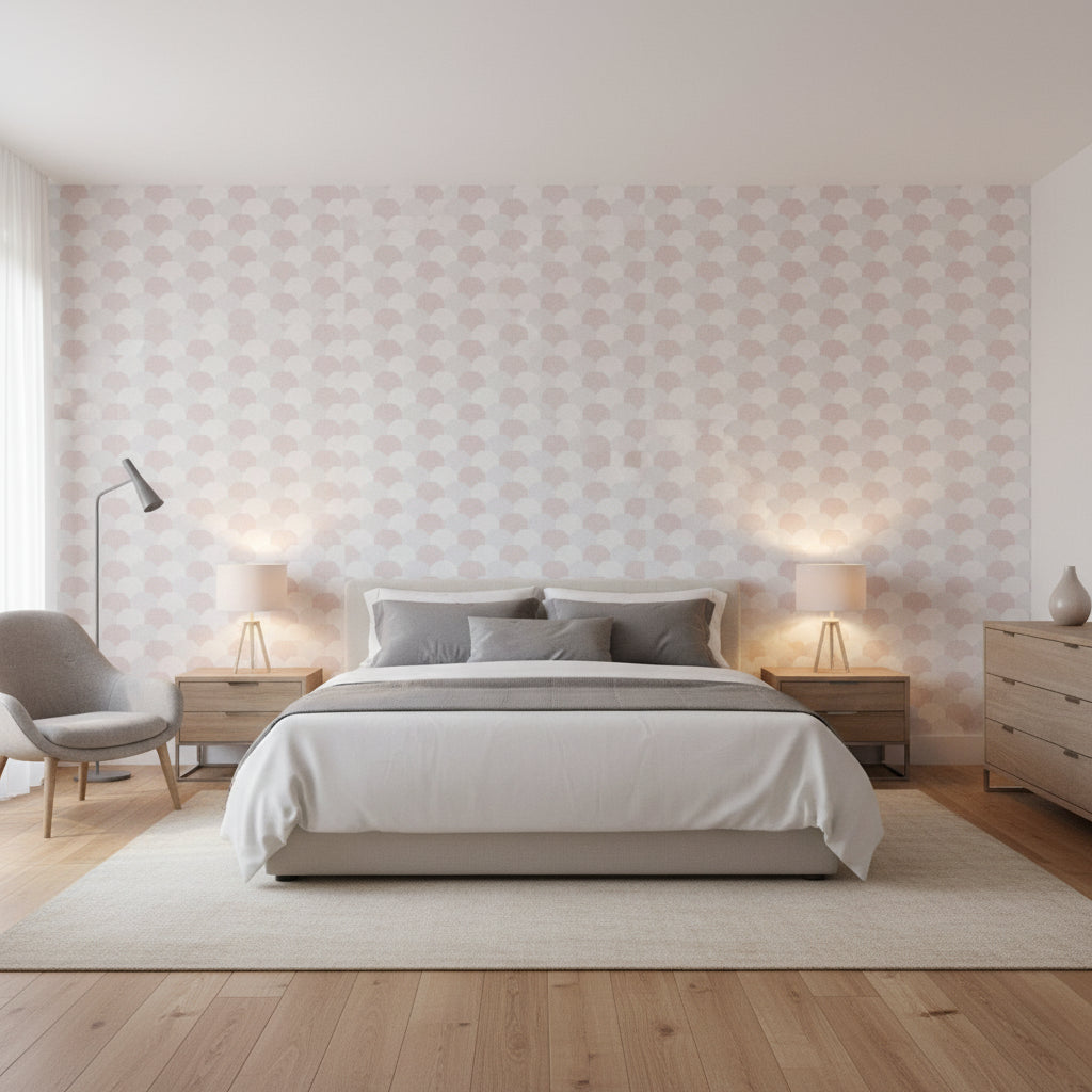 Hidden Hills Blush | Thibaut Wallcoverings - Bedroom Visualization (AI-generated, may not be to scale. Verify pattern scale with product specifications.)