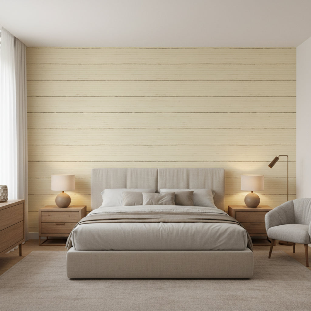 Navajo Natural | Thibaut Wallcoverings - Bedroom Visualization (AI-generated, may not be to scale. Verify pattern scale with product specifications.)
