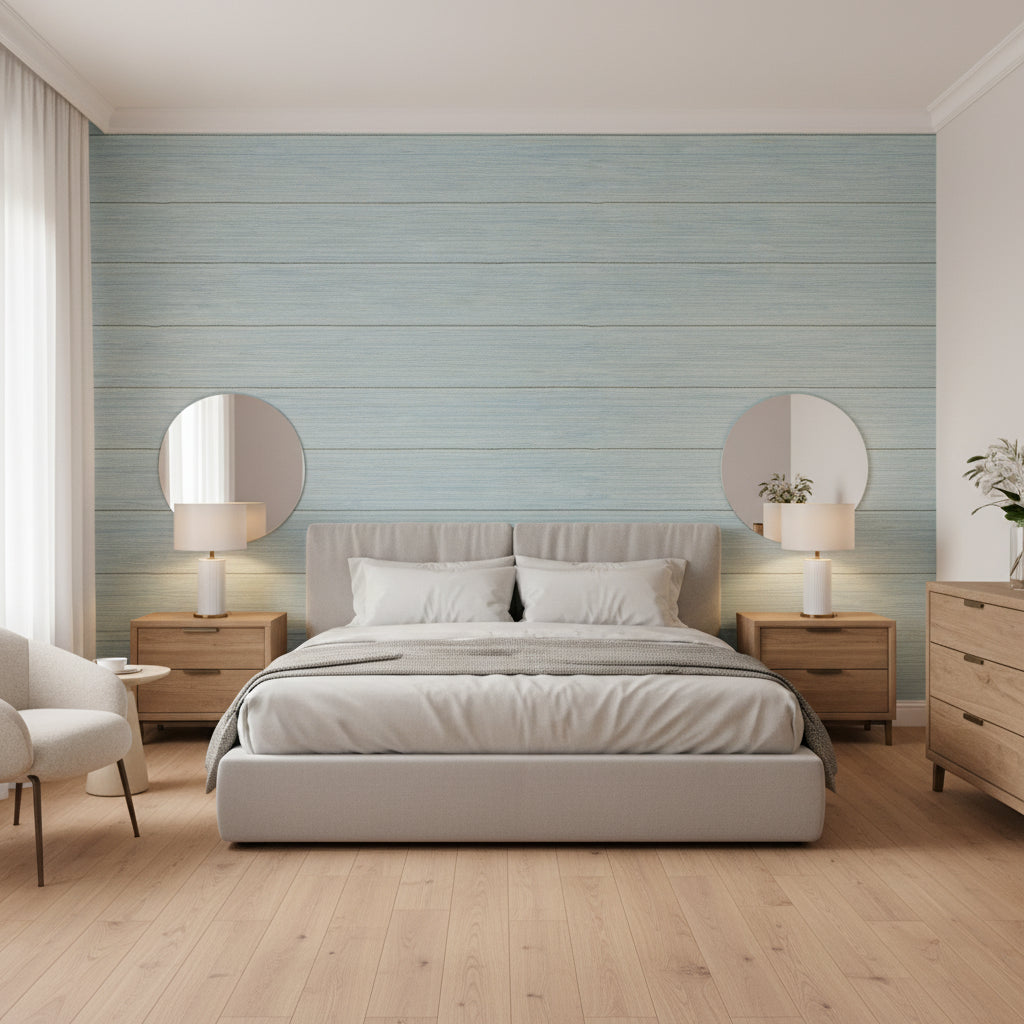 Navajo Spa Blue | Thibaut Wallcoverings - Bedroom Visualization (AI-generated, may not be to scale. Verify pattern scale with product specifications.)