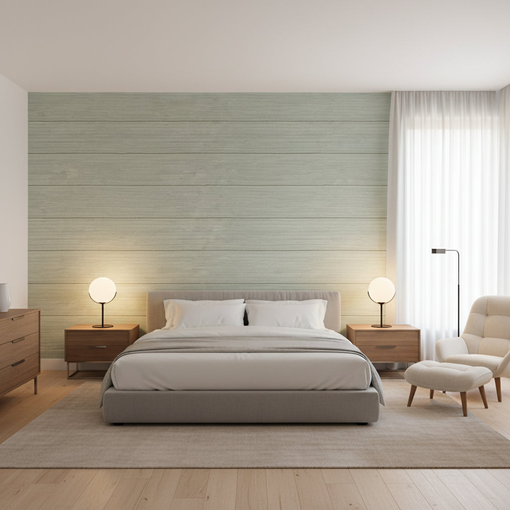 Navajo Sage | Thibaut Wallcoverings - Bedroom Visualization (AI-generated, may not be to scale. Verify pattern scale with product specifications.)