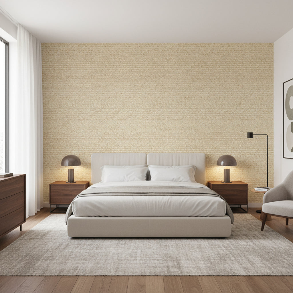 Pima Braid Straw | Thibaut Wallcoverings - Bedroom Visualization (AI-generated, may not be to scale. Verify pattern scale with product specifications.)