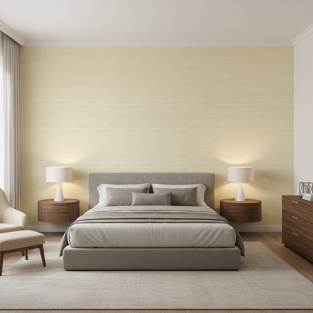 Pima Braid Natural | Thibaut Wallcoverings - Bedroom Visualization (AI-generated, may not be to scale. Verify pattern scale with product specifications.)