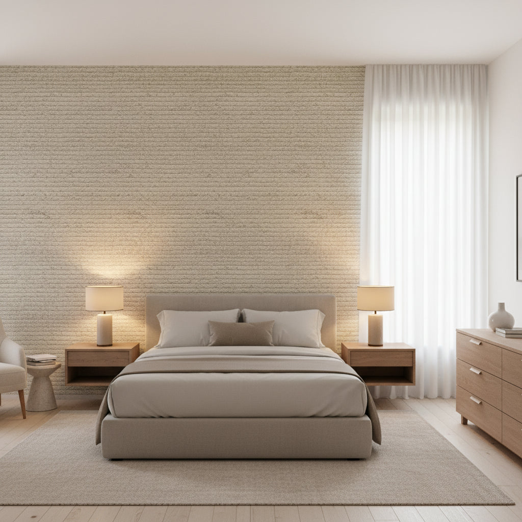 Pima Braid Grey | Thibaut Wallcoverings - Bedroom Visualization (AI-generated, may not be to scale. Verify pattern scale with product specifications.)