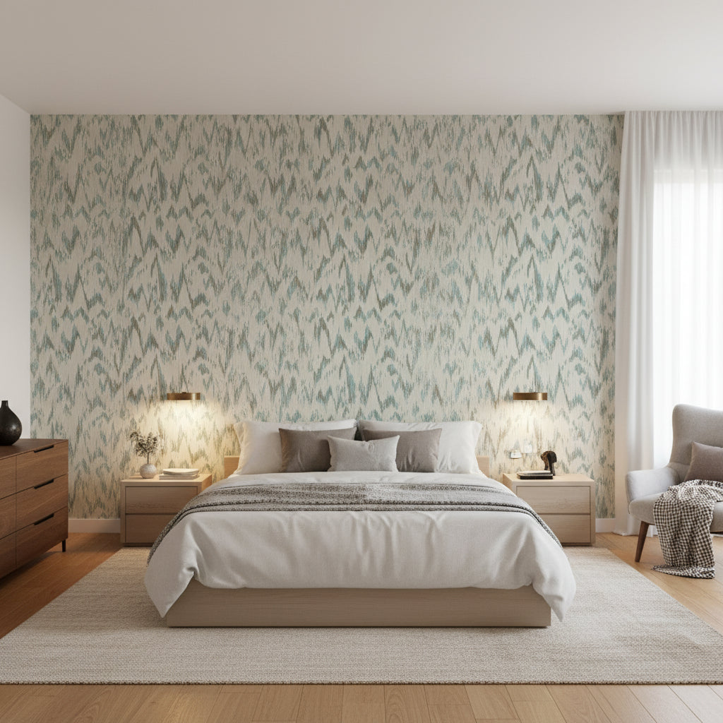 Point Lobos Brown and Teal | Thibaut Wallcoverings - Bedroom Visualization (AI-generated, may not be to scale. Verify pattern scale with product specifications.)