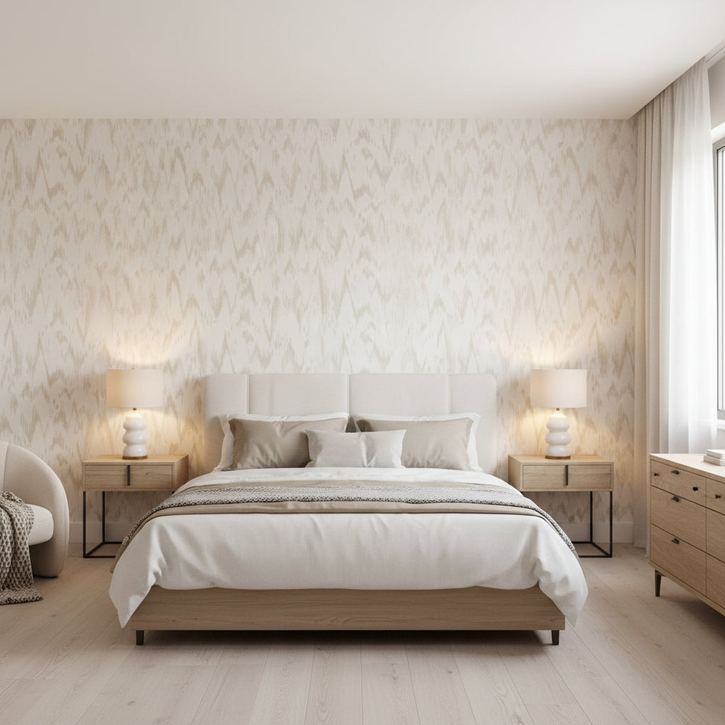 Point Lobos Beige | Thibaut Wallcoverings - Bedroom Visualization (AI-generated, may not be to scale. Verify pattern scale with product specifications.)