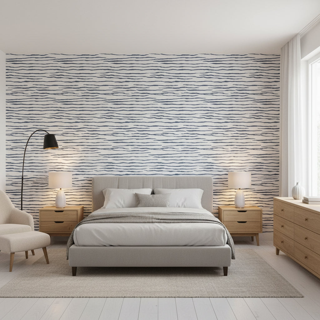 Savanna Navy | Thibaut Wallcoverings - Bedroom Visualization (AI-generated, may not be to scale. Verify pattern scale with product specifications.)