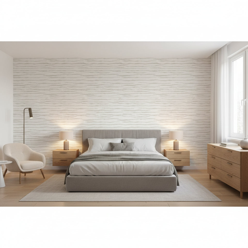 Savanna Flax | Thibaut Wallcoverings - Bedroom Visualization (AI-generated, may not be to scale. Verify pattern scale with product specifications.)