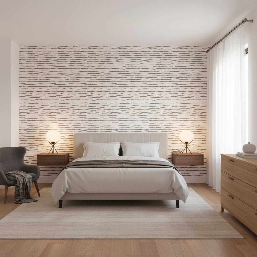 Savanna Brown and White | Thibaut Wallcoverings - Bedroom Visualization (AI-generated, may not be to scale. Verify pattern scale with product specifications.)