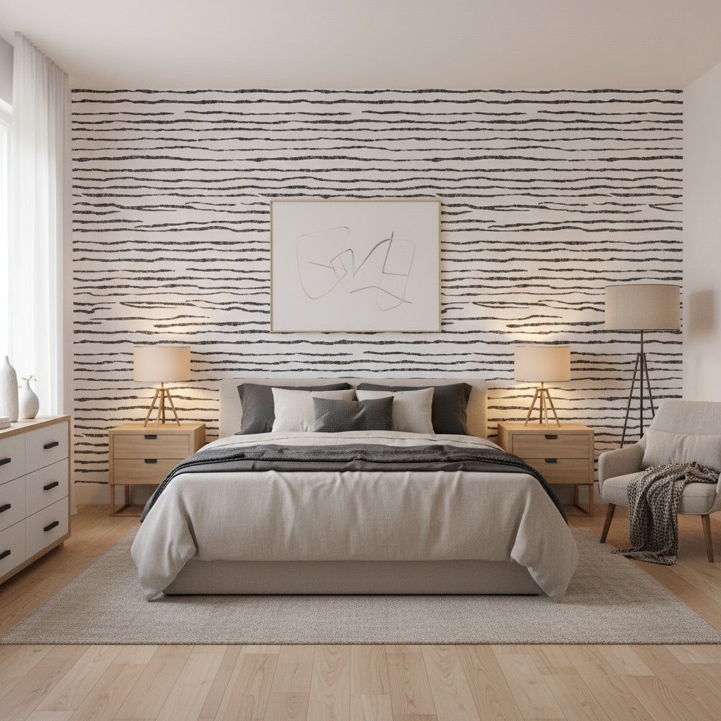 Savanna Black and White | Thibaut Wallcoverings - Bedroom Visualization (AI-generated, may not be to scale. Verify pattern scale with product specifications.)