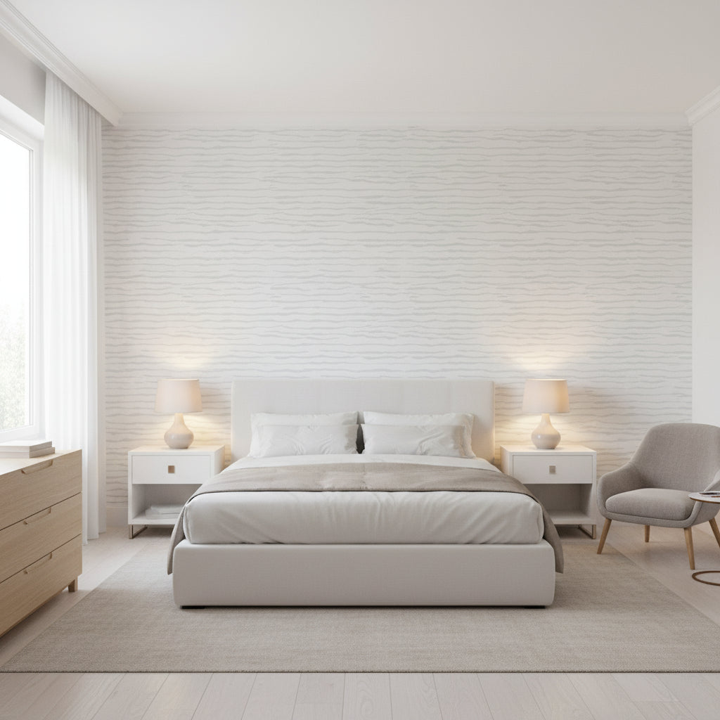 Savanna Grey | Thibaut Wallcoverings - Bedroom Visualization (AI-generated, may not be to scale. Verify pattern scale with product specifications.)