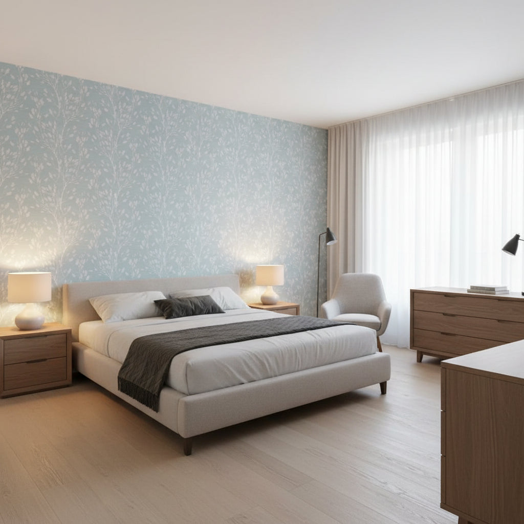 Wild Flower Sleepy Blue | Thibaut Wallcoverings - Bedroom Visualization (AI-generated, may not be to scale. Verify pattern scale with product specifications.)