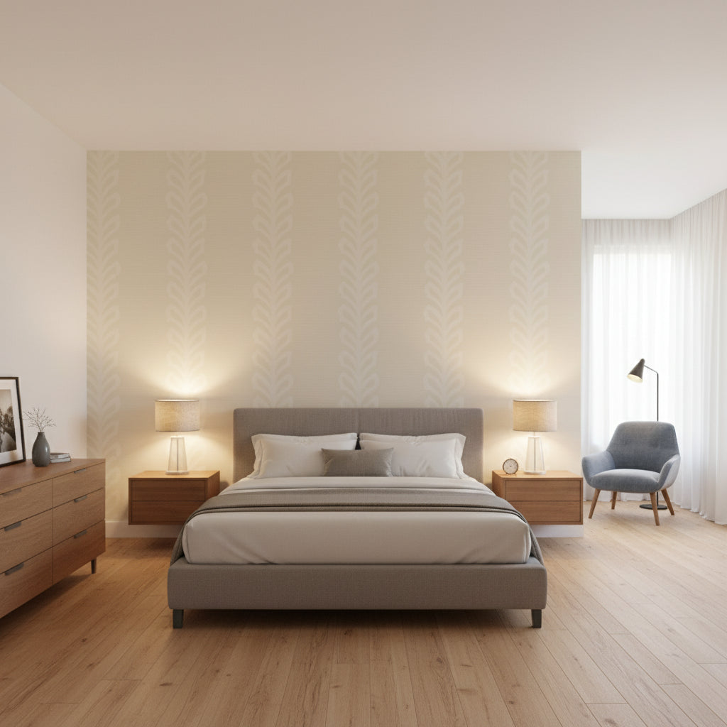 Evia Snow and White | Thibaut Wallcoverings - Bedroom Visualization (AI-generated, may not be to scale. Verify pattern scale with product specifications.)